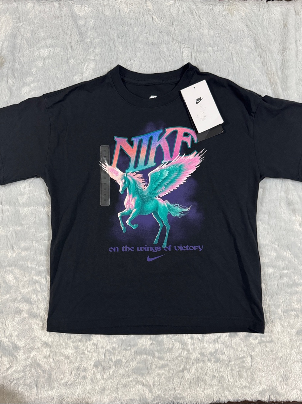 Nike NWT Girls Loose Fit Black Tee with Teal and Pink Pegasus Graphic